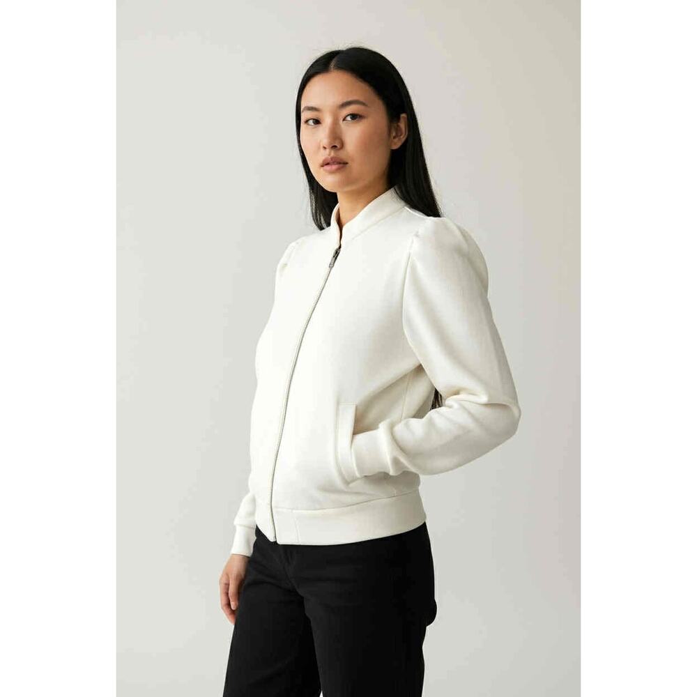 Free People Zip Front Cream Stretch Cotton Blend Jacket Coat Size S Pockets EUC!